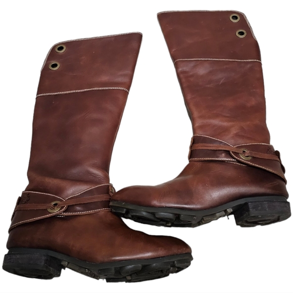 Fly London Brown Leather Tall Riding Boots Moto Grommet size 38 7.5 8 - Picture 1 of 16